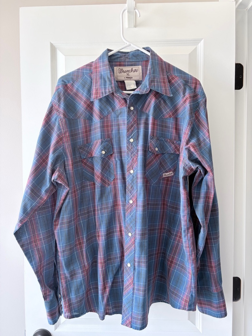 Wrangler Wrancher Blue and Red Plaid Long-Sleeve Western Shirt
